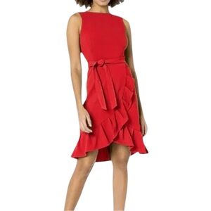 NWT Calvin Klein Sleeveless Red Ruffle Detail Belted Dress W/Gold Zipper Size 14